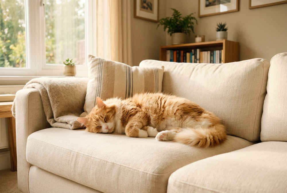 Chat roux endormi sur un canapé propre